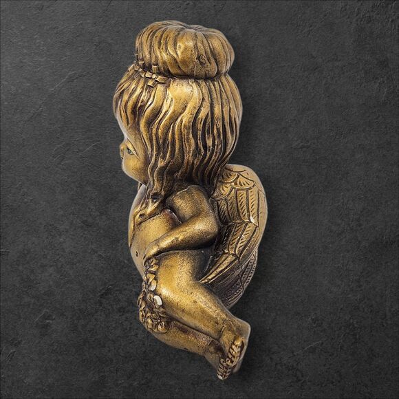 Vintage Gold Cherub Figurine w/ Green Rhinestone Eyes 8" x 6" Cottagecore Decor - Picture 4 of 10